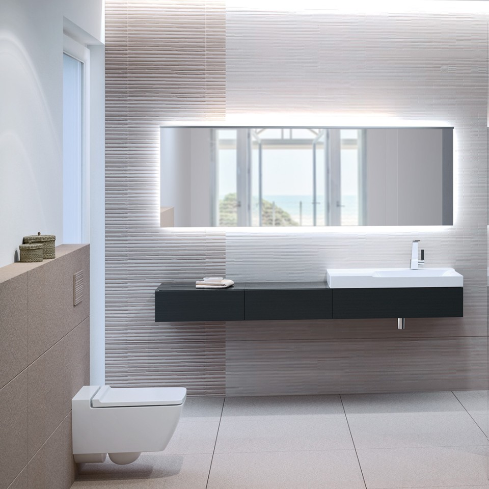 配有吉博力奥克星诺Rimfree壁挂式座便器，Sigma70冲水面板和洗脸盆的卫浴空间