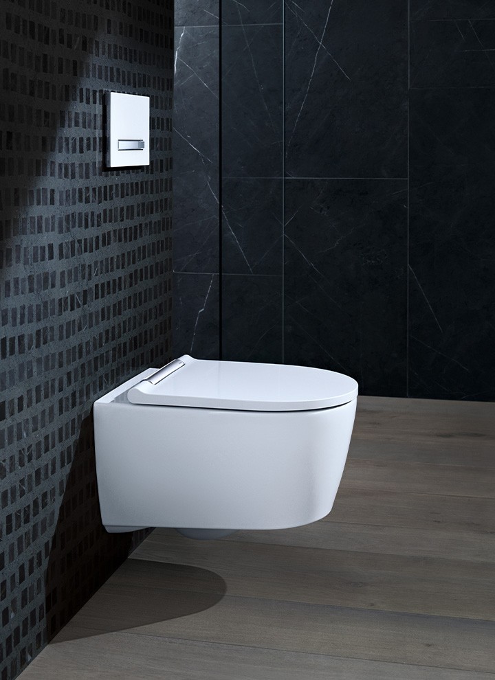 采用挂墙式座便器，尽显和谐美观的卫浴空间设计
