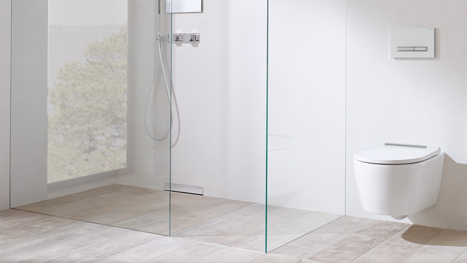 带淋浴区墙排的 Geberit ONE 浴室 带淋浴区墙排的 Geberit ONE 浴室