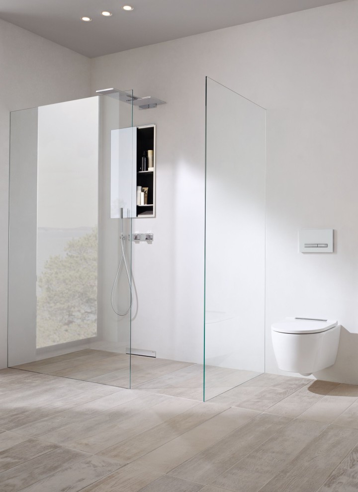 吉博力ONE步入式淋浴面板固定在预制墙体上，无暴露在外的任何配件，因此非常容易清洁。