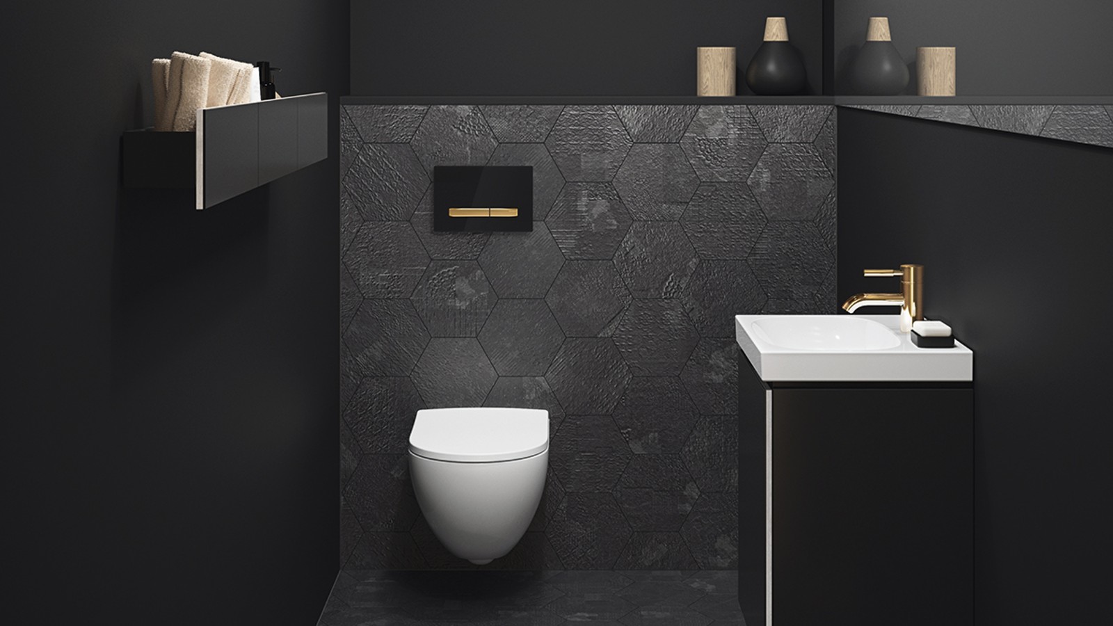 金色水龙头和冲水面板与深色搭配 金色水龙头和冲水面板与深色搭配