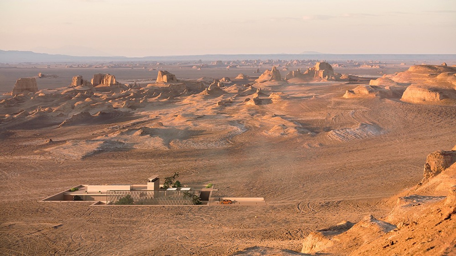 H.O.M.E.Haus 2022在沙漠中。传统的捕风塔(Badgir)矗立在地面上,像一座雄伟的雕塑 H.O.M.E.Haus 2022在沙漠中。传统的捕风塔(Badgir)矗立在地面上,像一座雄伟的雕塑