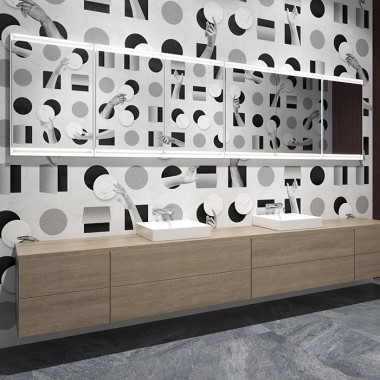 配有Geberit ONE镜柜和木色家具的盥洗区(©Bloomrealities/HTA für H.O.M.E.Haus 2022) 配有Geberit ONE镜柜和木色家具的盥洗区(©Bloomrealities/HTA für H.O.M.E.Haus 2022)