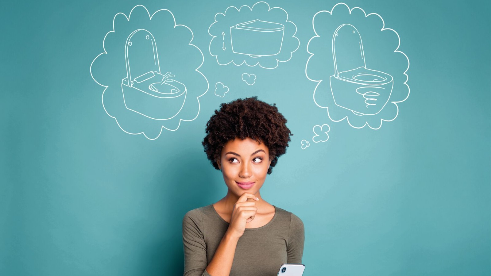 在思考梦想的座便器的女士 在思考梦想的座便器的女士