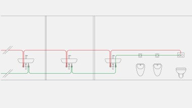 用于智能换水器定时冲水模式的饮用水管道安装示例，其中吉博力智能换水器集成在隐蔽式水箱中