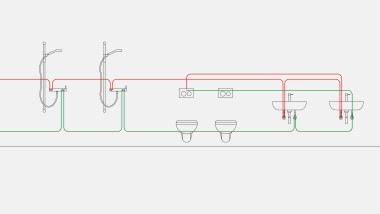 智能换水器间隔冲水模式的饮用水管道安装示例，其中吉博力智能换水器集成在隐蔽式水箱中