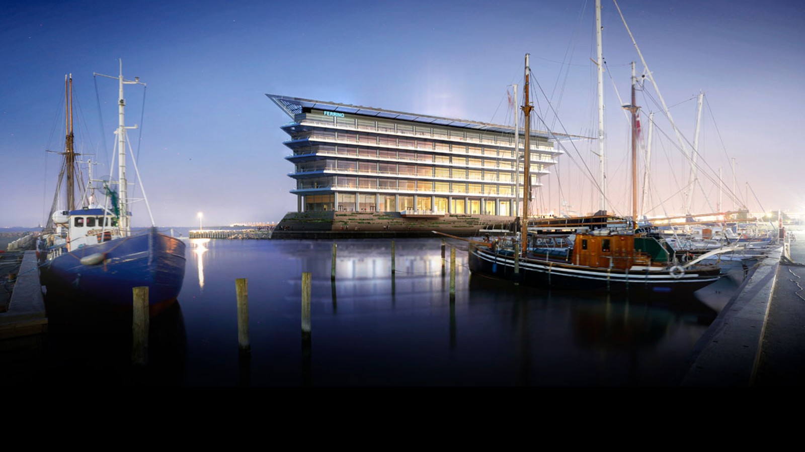 在厄勒海峡海天相接的美丽海滨，坐拥得天独厚地理位置的Ferring Pharmaceuticals新总部拔地而起，尽览哥本哈根与马尔默的瑰丽海景。(©Foster&Partners)