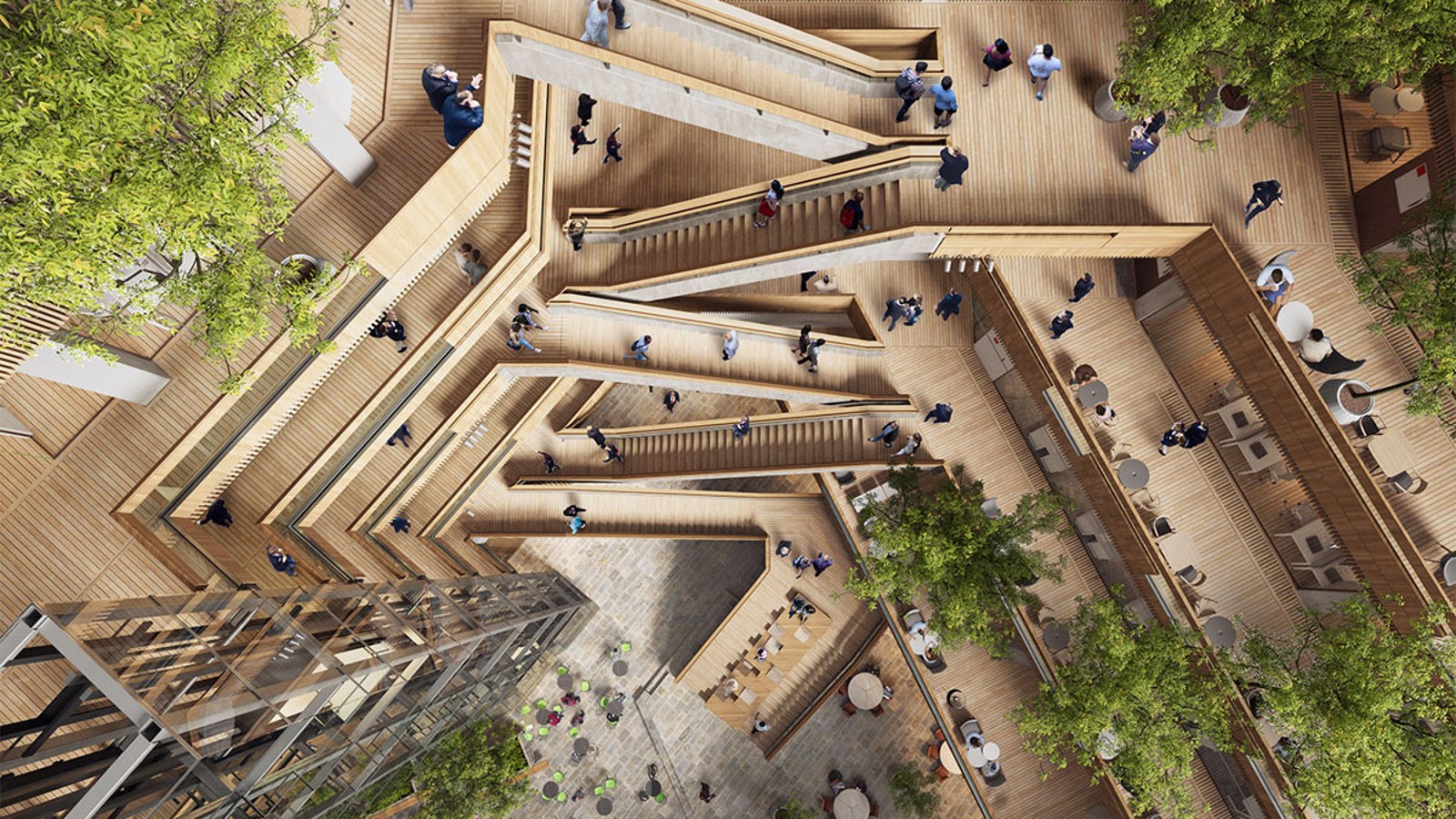 新总部的中心是一处内设的庭院式中庭，在此可经楼梯和搭乘电梯前往各个楼层。(©Foster&Partners)