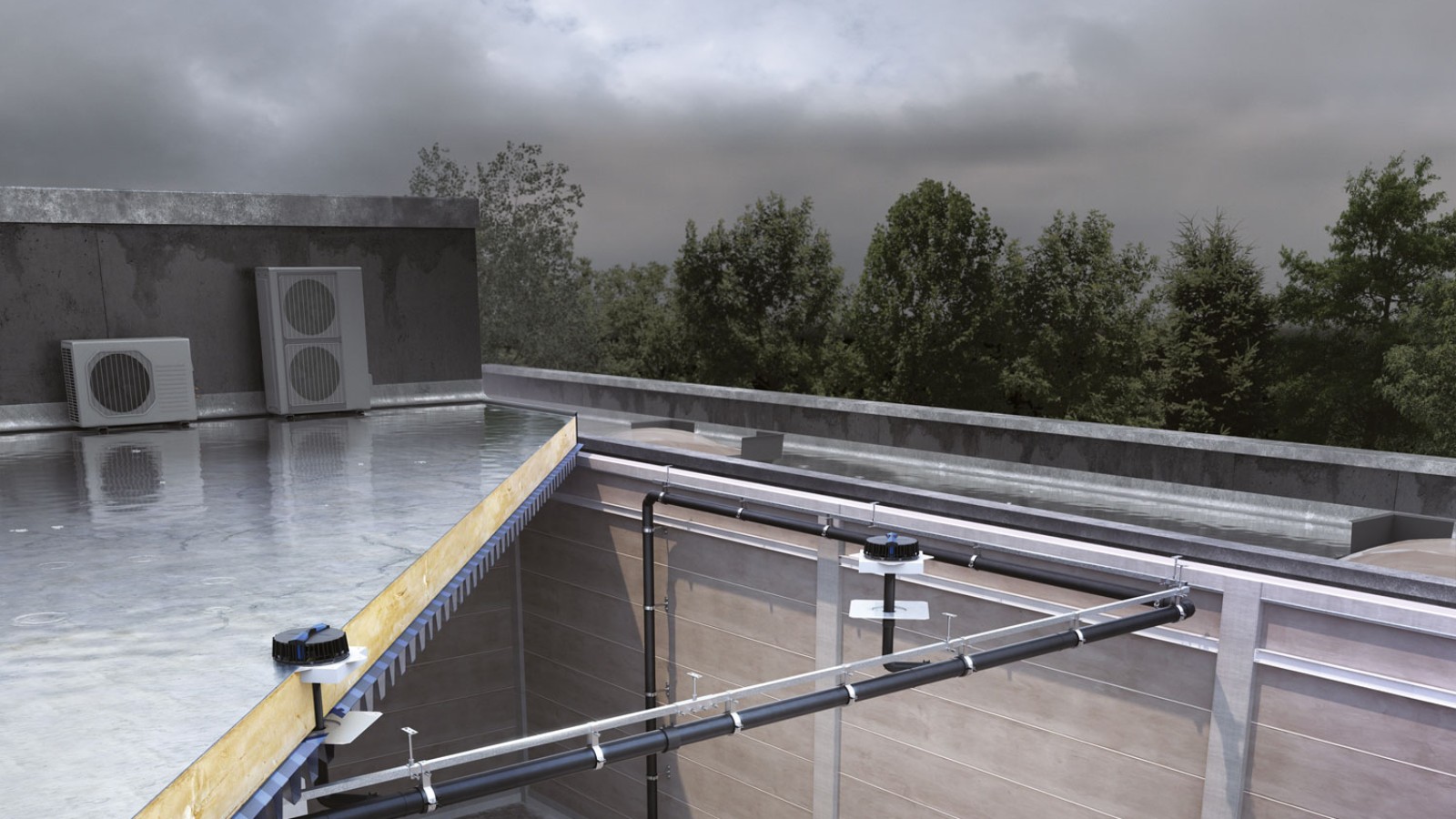 Pluvia屋面排水系统可在仅需很少进水口元件的情况下高效排干三座塔楼的屋顶积水。(© Geberit) Pluvia屋面排水系统可在仅需很少进水口元件的情况下高效排干三座塔楼的屋顶积水。(© Geberit)