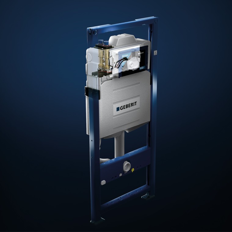 配备集成式智能换水器的 Geberit Sigma 隐蔽式水箱。 配备集成式智能换水器的 Geberit Sigma 隐蔽式水箱。