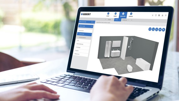 Woman designs her new bathroom with the 3D bathroom planner from Geberit Woman designs her new bathroom with the 3D bathroom planner from Geberit