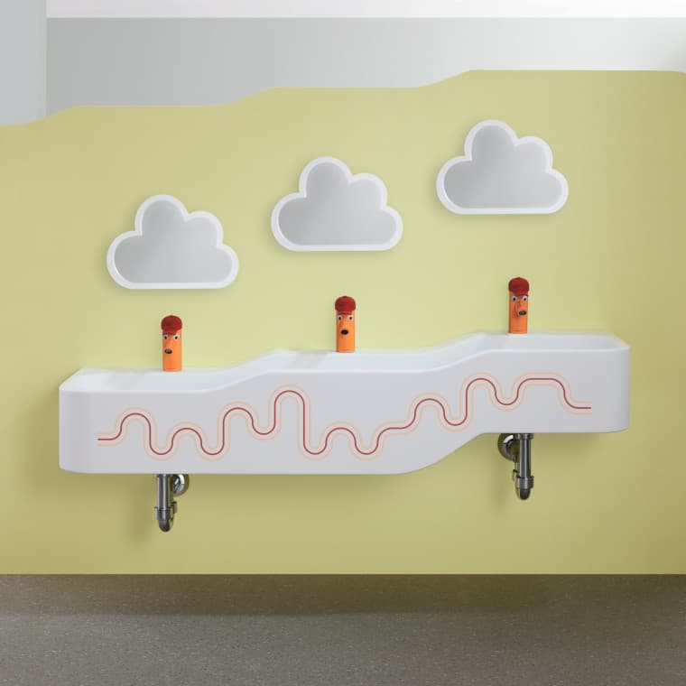 胭脂红搭配橙色的 Geberit Bambini 儿童系列戏水洗漱区 胭脂红搭配橙色的 Geberit Bambini 儿童系列戏水洗漱区