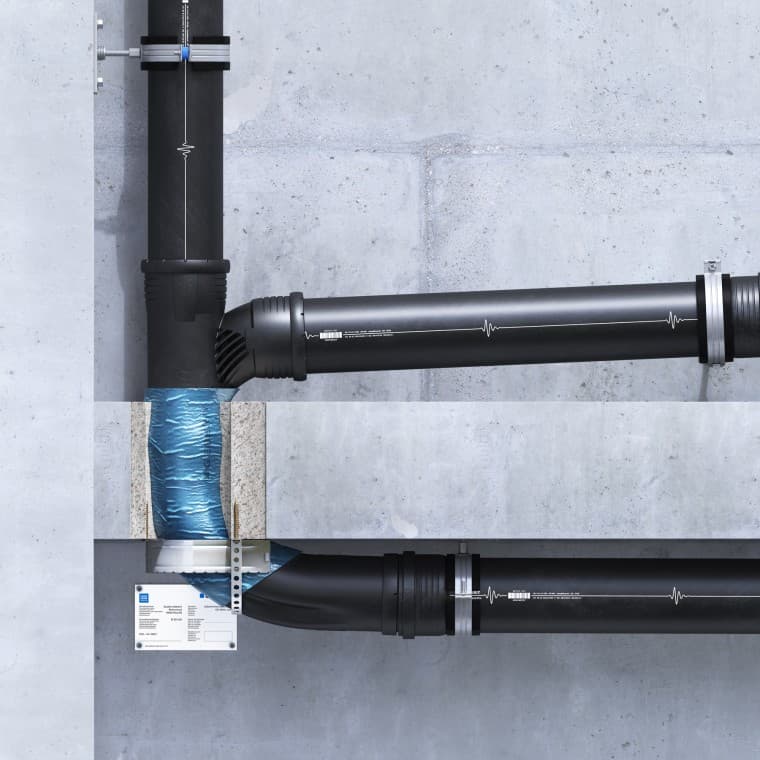 Geberit Silent-Pro SuperTube: Lay-on installation of the fire protection sleeve in a U-shape Geberit Silent-Pro SuperTube: Lay-on installation of the fire protection sleeve in a U-shape