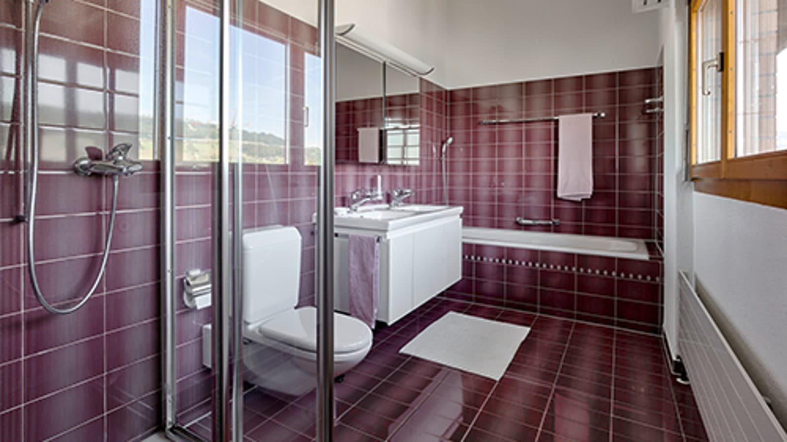 翻新前的浴室,使用红色瓷砖 翻新前的浴室,使用红色瓷砖