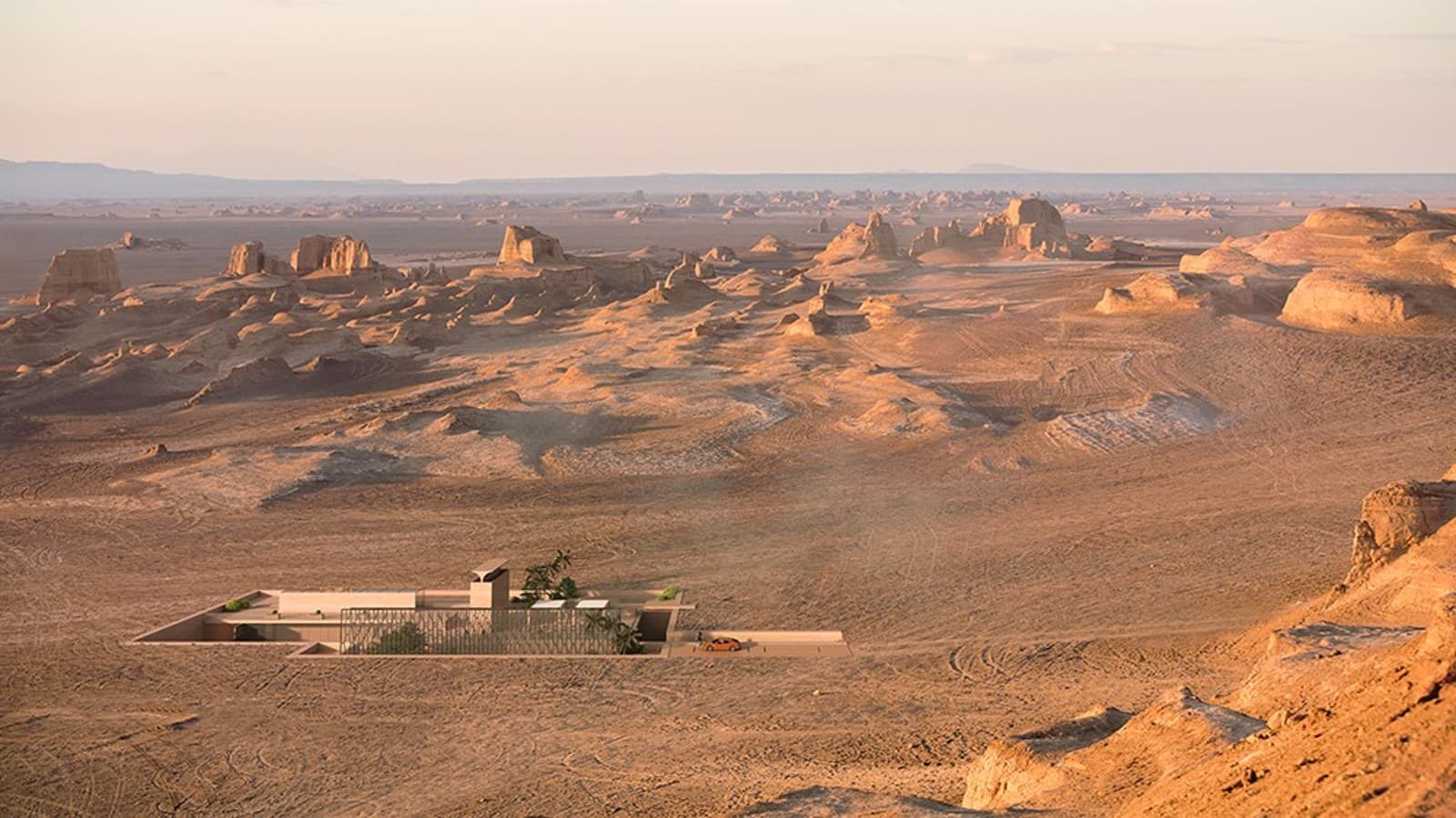 H.O.M.E.Haus 2022在沙漠中。传统的捕风塔(Badgir)矗立在地面上,像一座雄伟的雕塑 H.O.M.E.Haus 2022在沙漠中。传统的捕风塔(Badgir)矗立在地面上,像一座雄伟的雕塑