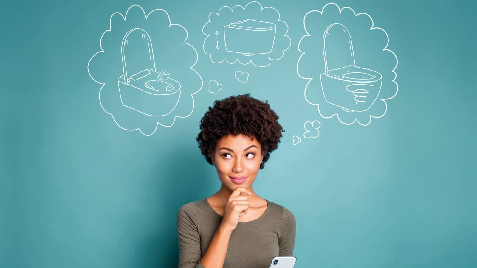 在思考梦想的座便器的女士 在思考梦想的座便器的女士