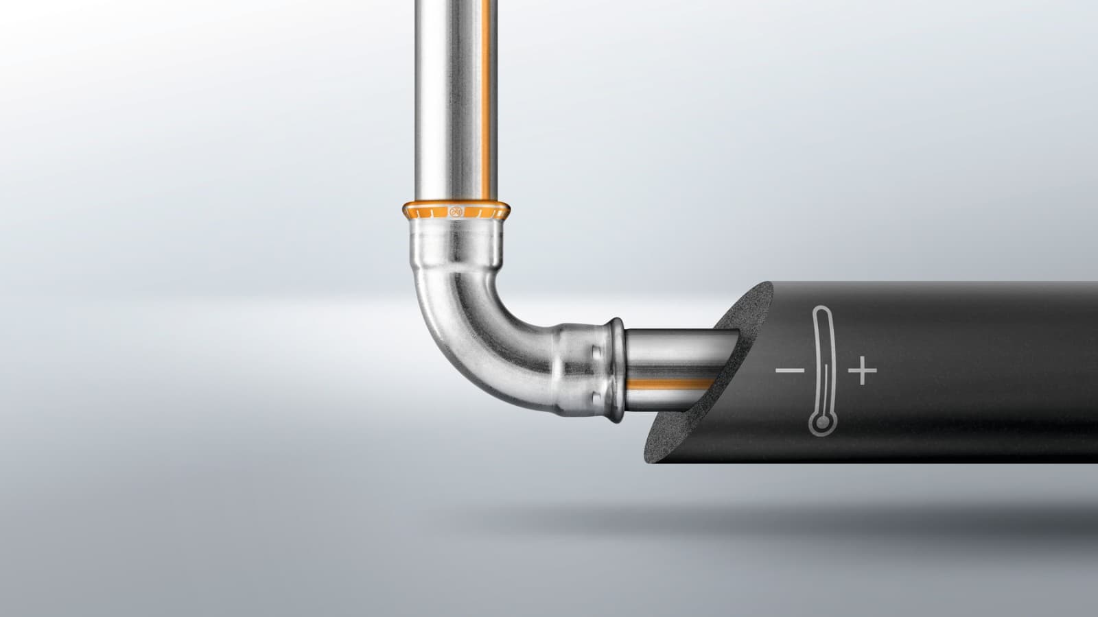 Geberit Mapress Therm pipe, fitting and insulation with heat and cold symbols Geberit Mapress Therm pipe, fitting and insulation with heat and cold symbols